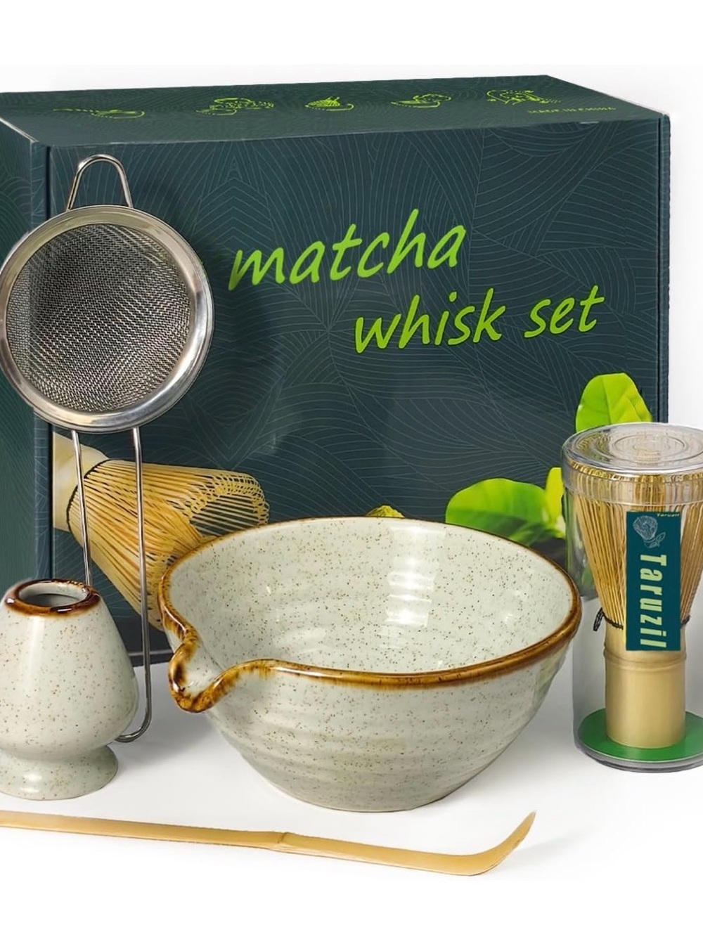 Matcha Whisk Set with Speckled Ceramic Bowl and Bamboo Tools